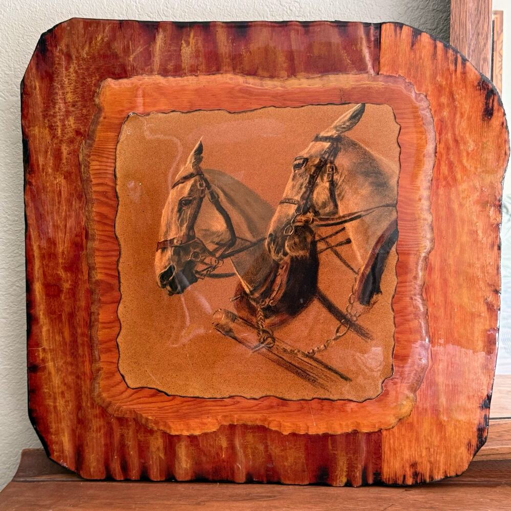 Wood Wall Plaque Sign with Horse Artwork Western Two Horses Image